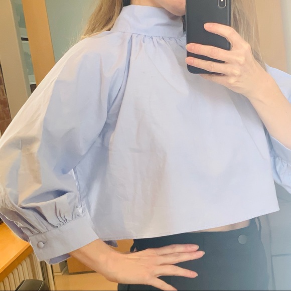 ZARA 💯 Cotton Boxy Cropped Blouse w/puffed sleeve - Picture 4 of 12